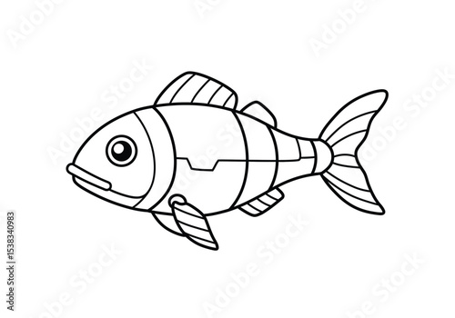 Robot fish drawing. It is a black and white outline image of a robotic fish, showcasing its segmented, mechanical design, emphasizing its technological nature. Vector sketch line art draw.