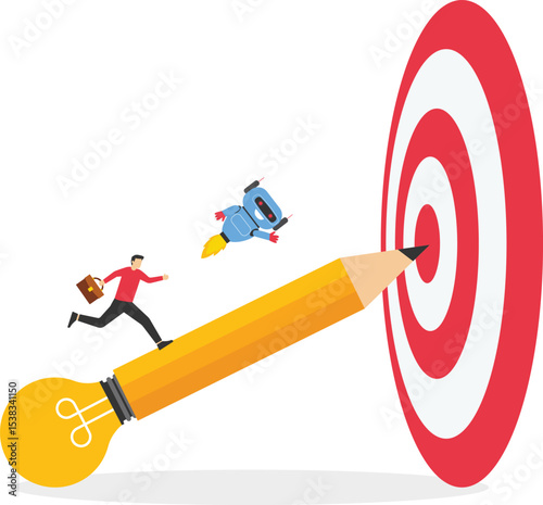 Collaboration of employees with artificial intelligence or AI, Technology and business development, Team goal setting, Business team and robot holding flag running on pencil towards goal. Vector. stoc