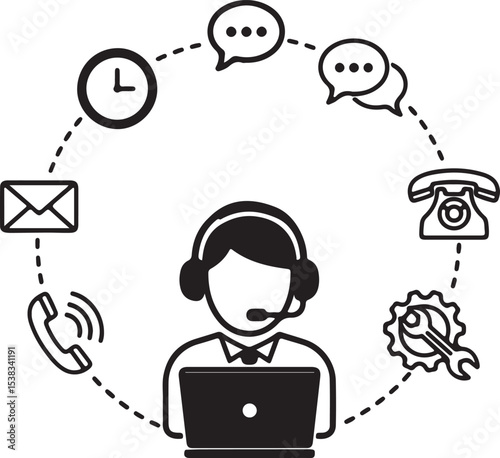 An online business network concept with people, computers, and mobile technology communicating through web connections and social media icons