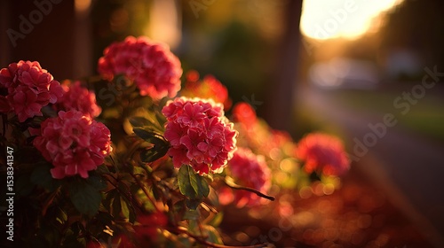Close-up of vibrant pink flowers bathed in golden sunset light