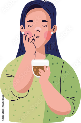 Woman Enjoying Coffee Break: A serene woman with dark hair savors a moment of quietude, gently holding a cup of coffee, eyes closed in peaceful contentment.