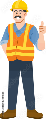 Construction worker with gesture: A determined construction worker, adorned in a safety vest and helmet, confidently gestures with his thumb, conveying a sense of assurance and readiness.