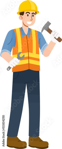 Construction Worker Illustration: An Animated construction worker in yellow hat, orange vest and tool in hand
