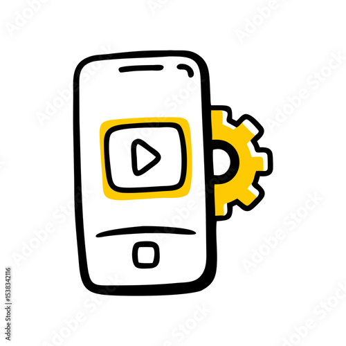 Smartphone with video app and gear on transparent background for web and graphic design