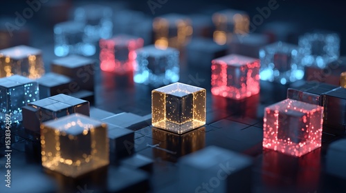 Abstract digital network of glowing cubes