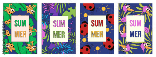 Summer poster set. Modern Summer background with palm tree leaves ladybug sun and giraffe. Ideal Summer Sale postage stamp interior room art card collection. EPS 10