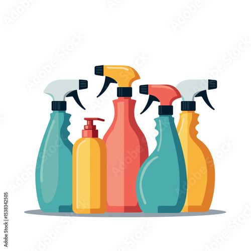 Colorful Cleaning Spray Bottles and Dispenser Set Illustration for Home Hygiene and Sanitation