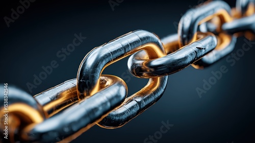Close-up of a metallic chain link, with highlighted connecting elements