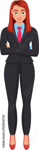Confident Professional: A poised businesswoman, dressed in a tailored suit and radiating confidence, stands with arms crossed. This image embodies strength, competence, and professionalism.