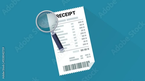Animation loop of a magnifying glass controlling a receipt on a blue background with long shadow in flat design style
