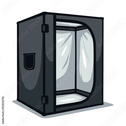 Cartoon Illustration of a Black Grow Tent with Open Door for Indoor Gardening and Cultivation