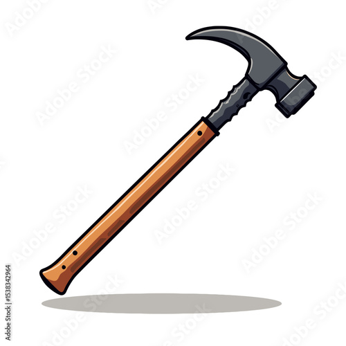Illustration of a Claw Hammer with Wooden Handle and Black Head, Tool for Construction and Carpentry