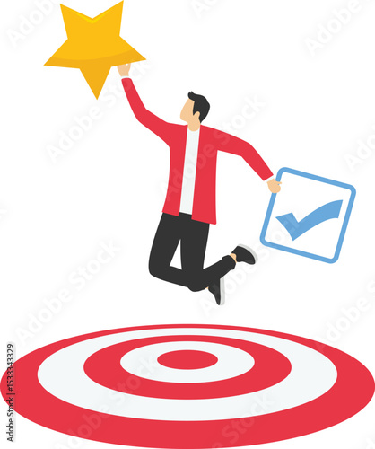 Professional at work, excellent employee, business guru or expert concept, Businessman celebrating job completion with perfect feedback following expected target. stock illustration

