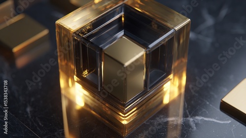 Golden cubes nested within transparent cubes, illuminated, on dark marble