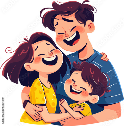 Joyful Family Embrace: An illustration of a smiling family, composed of a father, mother and child, radiating warmth and love in a heartwarming display of togetherness. 