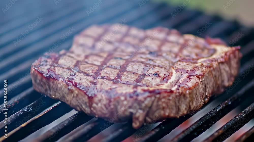  A fresh cut of marbled steak is seared on a hot barbecue grate. The juicy meat sizzles and smokes in a tight shot, highlighting the rich texture and appetizing grill marks of a perfectly cooked meal.
