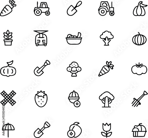 Various farm tools and crops are displayed using a clean, simple, line art style