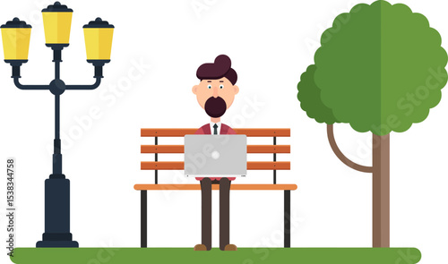 Parkside Remote Worker: A cartoon man sits on a park bench working on a laptop, embodying the modern professional blending work and outdoor leisure. 
