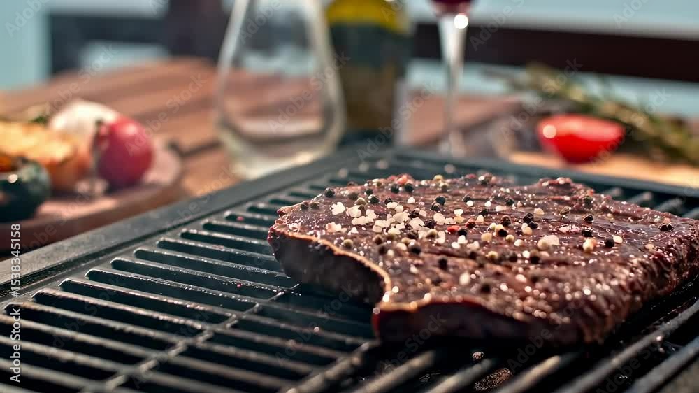  A raw beef steak, generously seasoned with coarse salt and peppercorns, sizzles on a hot grill pan. The scene is set for an al fresco meal with red wine and fresh ingredients in the background. 