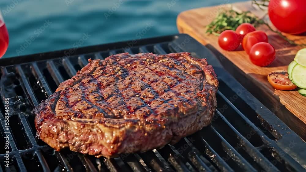 A delicious, juicy beef steak with grill marks cooks on a barbecue over the water.