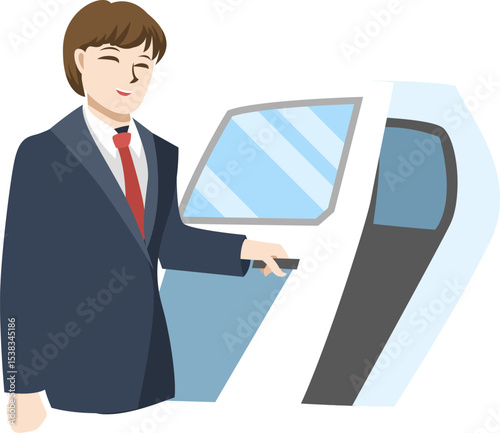 Business Person at Kiosk: A smartly dressed businessperson interacts with a modern kiosk, his relaxed expression suggesting a seamless digital experience.