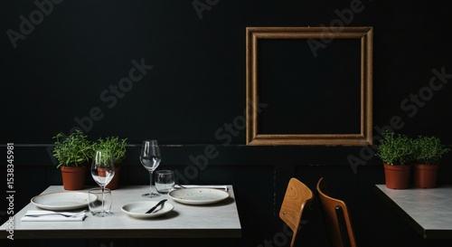 Luxury restaurant dining table setting with elegant glasses, plates, and napkins ready for a celebration dinner party