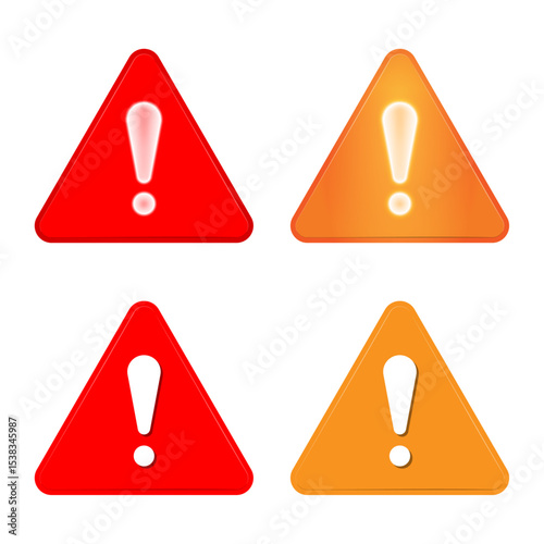 Set of 3D warning and alert icons featuring red and orange triangle symbols with exclamation marks Ideal for UI designs notification signs and hazard related graphics.