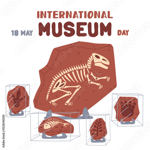 International Museum Day, May 18. Fossils of dinosaurs, prehistoric animals and plants on the stand. Flat color illustration for use in posters, articles, and social media related to science, history