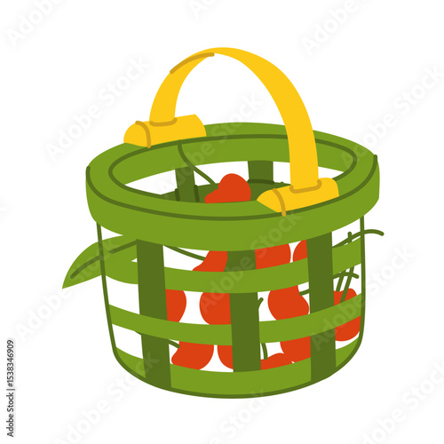 Cherries in a plastic basket. Mesh basket for harvesting. Flat color illustration. It is suitable for packaging design, advertising, articles about gardening, farming, healthy eating and harvesting