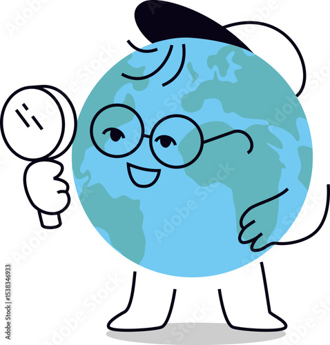 Adorable Researching Earth Character With Magnifying Glass Vector Illustration or Sticker