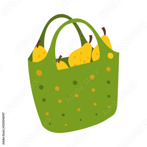 Silicone basket pears. bag with handles, nets for harvesting. Flat color illustration. It is suitable packaging design, advertising, articles about gardening, farming, healthy eating and harvesting