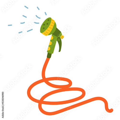 hose with sprinkler is watering. Flat color illustration. Taking care green plants. It is suitable for packaging design, advertising, articles about gardening, farming, healthy eating, watering plants