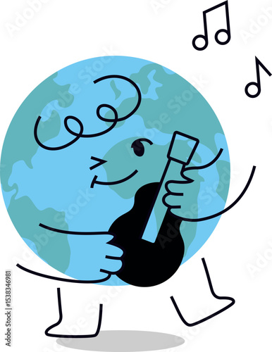 Cute Planet Earth Character Playing Ukulele Vector Emoji Reaction
