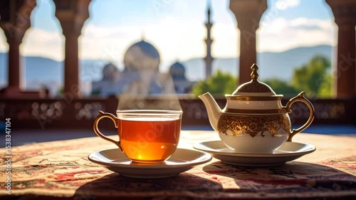 Enjoying Warm Tea in a Glass Cup with Teapot on Carpeted Balcony