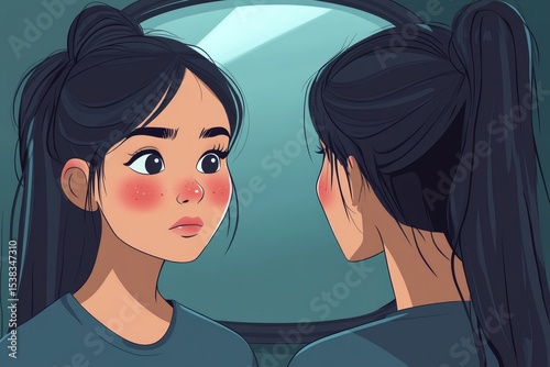 Sensitive skin with cosmetology, Asian young woman looking at a red spot on her face from a cosmetic allergy in the mirror., Generative AI