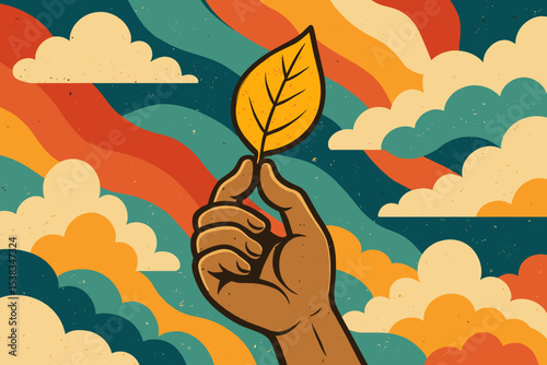 Retro 70s style hand holding a leaf against a colorful psychedelic sky. Vintage vector illustration for environment, hope, and sustainability concepts. Groovy nature background.