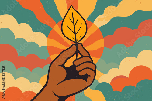 Hand holding a leaf in retro 70s psychedelic style. Concept for ecology, sustainability, and environmental care. Vintage vector illustration with sun and clouds for Earth Day.