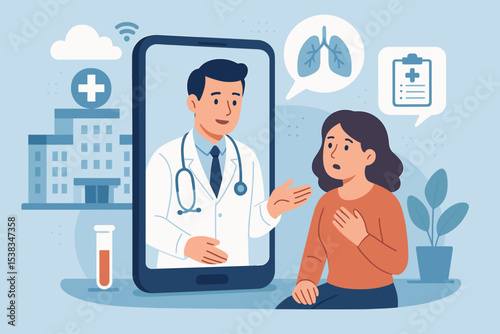 Virtual healthcare and telemedicine innovation concept. Doctor on smartphone consulting female patient. Online medical support, remote diagnosis, telehealth service vector illustration.