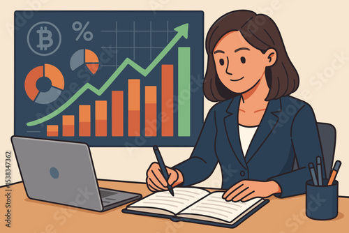Businesswoman analyzing cryptocurrency market and financial growth. Female analyst at desk with laptop studying Bitcoin price chart and investment data. Economic success concept.