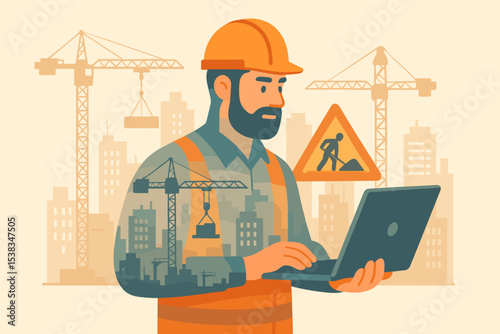 Digital construction worker concept with engineer using laptop. Double exposure of city building site on builder silhouette. Modern technology in architecture industry illustration.