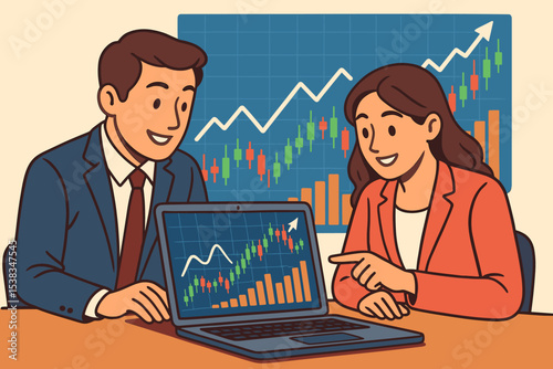 Business team financial analysis meeting. Colleagues discussing stock market data and investment strategy. Man and woman looking at growth charts and graphs on a laptop screen.