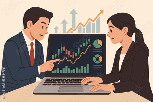 Financial analysts team discussing investment strategy. Business people analyzing stock market data on laptop. Candlestick chart, graphs for growth. Teamwork, collaboration concept.