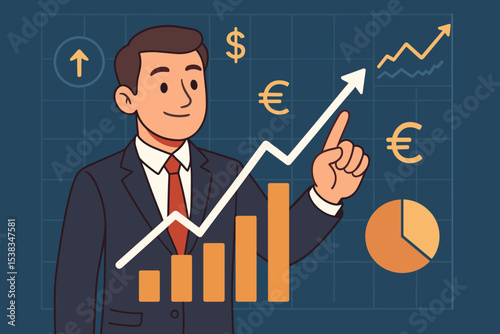 Businessman analyst pointing at growing chart showing financial success. Concept of investment, profit growth, stock market analysis, and economic data. Vector illustration.