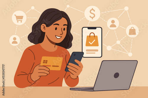 Woman shopping online using smartphone and credit card. E-commerce and mobile payment concept. Customer making digital transaction on laptop. Fintech and internet banking vector.