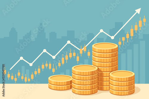 Financial growth vector concept. Stock market investment graph with rising arrow and candlestick chart. Gold coin stacks for profit, savings, and wealth. City economy background.