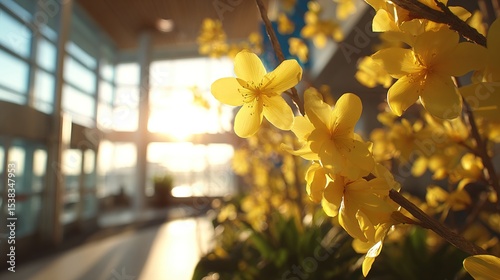 Yellow flowers in a sunlit indoor space