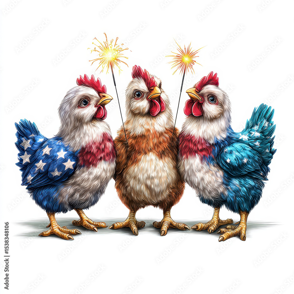 Fototapeta premium Three vibrant chickens adorned in patriotic colors hold sparklers, celebrating independence on a white background.
