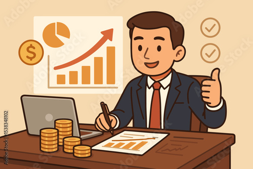 Business growth analysis concept. Successful businessman at desk with laptop and money coins. Manager analyzing financial report with upward chart for profit. Investment success vector.