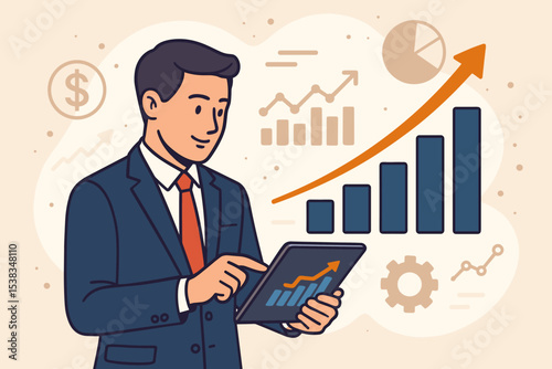 Businessman analyzing sales growth on tablet. Financial data analysis with chart and graph. Successful investment strategy and profit increase. Business report and market concept.