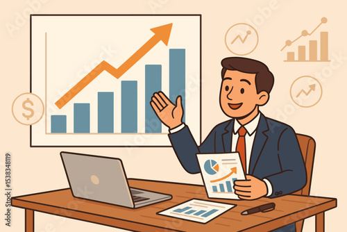 Businessman making a presentation on business growth. Financial analysis report with charts and graphs. Corporate manager explaining successful strategy, profit, and investment.